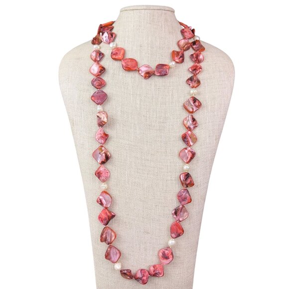Red Pink Womens Shell & Pearl Long Necklace - Picture 3 of 6